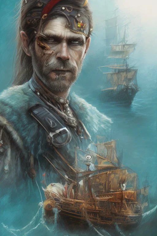 close up portrait of a zombi as a pirate, 2d drawing, background on a boat