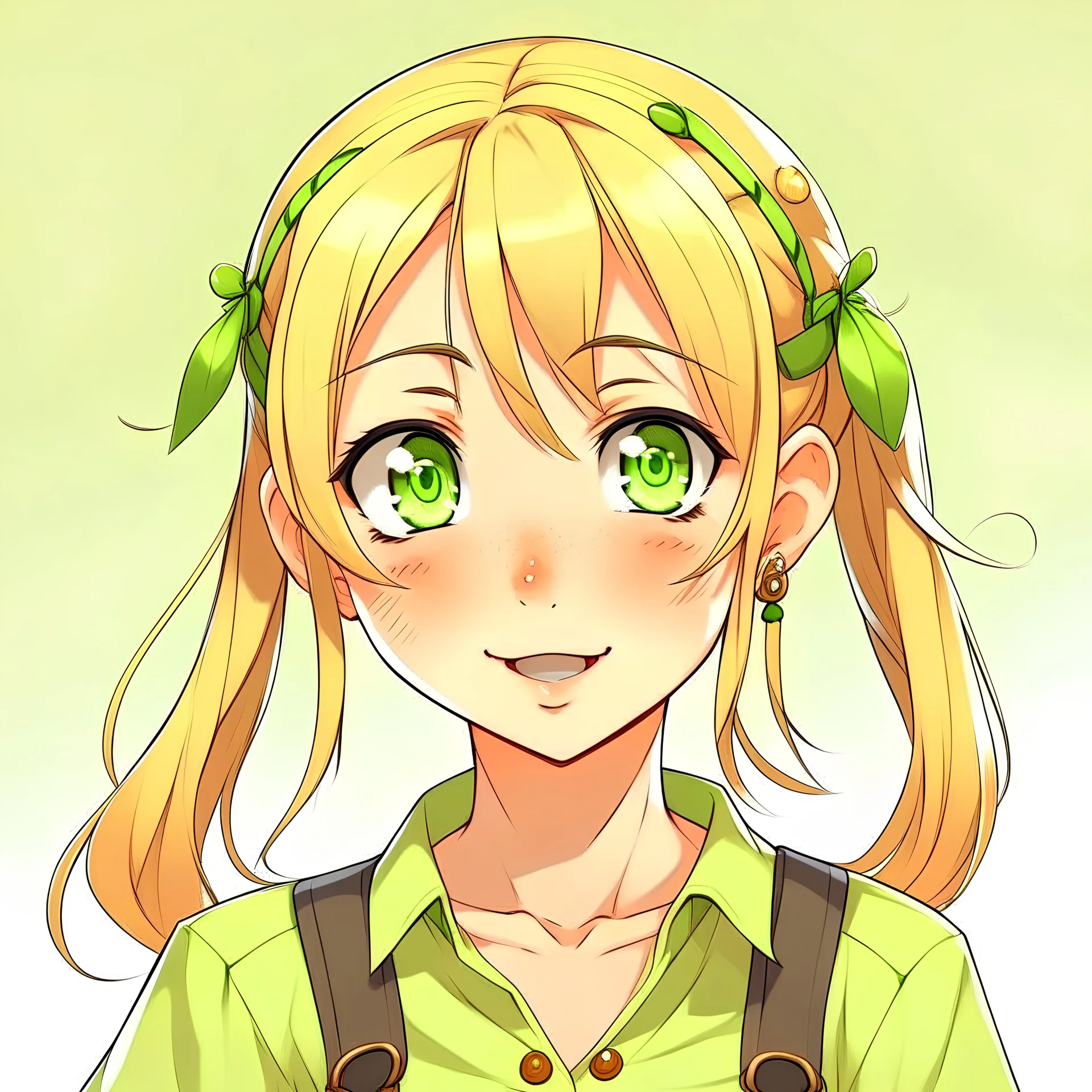 10 year old girl, golden blonde in pigtails with hair clips, green eyes, freckled face, button nose, pale skin, anime style,