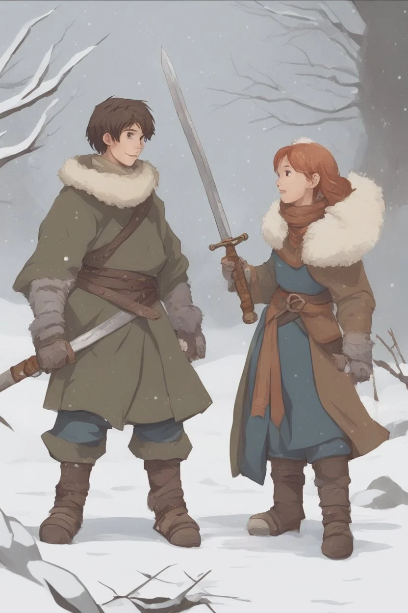 DnD style, two medieval peasant kids playing in the snow, female age 14 and male age 15, happy and playful, he has a short sword.