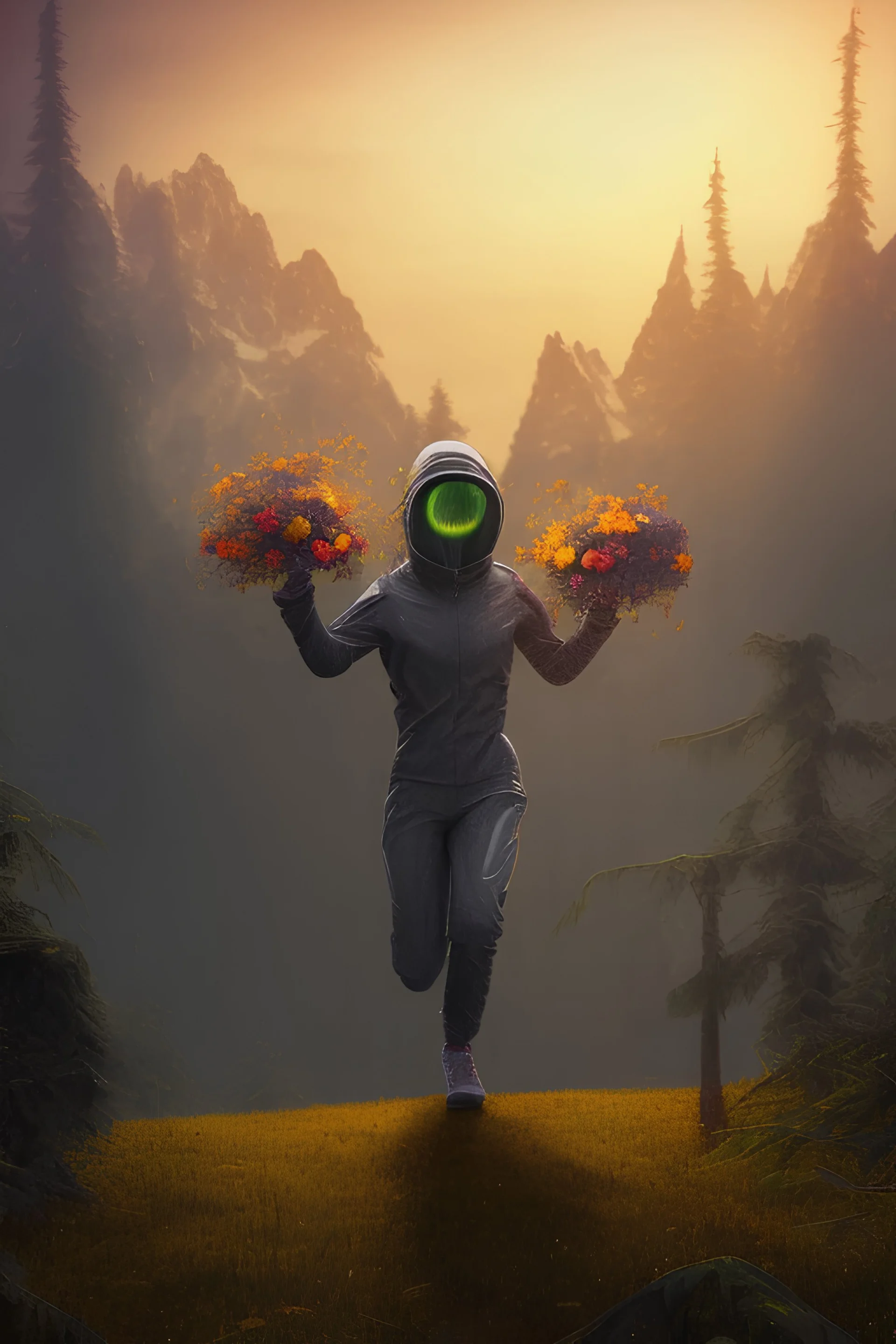 running alien portrait , black jogging suite , in the sunset Alps, golden light , holding leaves and flowers , angels background, volumetric light, high detail, dark leaf tree, dark mountains in background, perfect