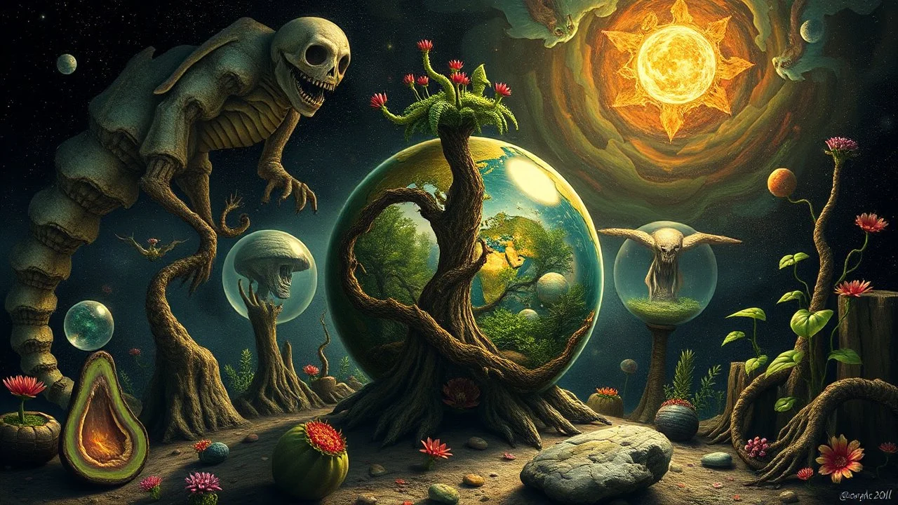 Hieronymus Bosch style nightmares plants in the galaxy , the plant earth globe, crystal balls