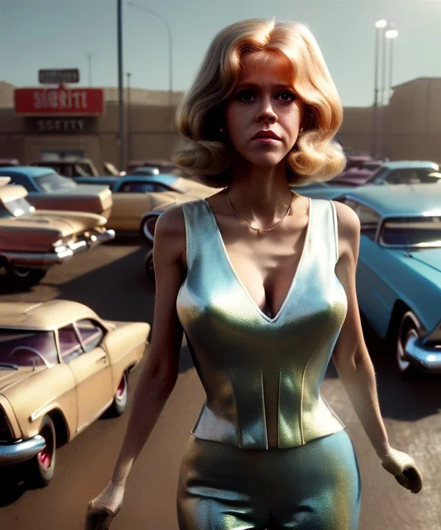 Ultra Realistic retro sci-fi movie Supermarket parking scene, 1960 year, waist up view portrait, a giant blonde woman, sweet teenager Jane Fonda face, perfect iris, glow eyes, face makeup, tight latex coat, many people, Retro sci-fi style, soft color, highly detailed, unreal engine 5, ray tracing, RTX, lumen lighting, ultra detail, volumetric lighting, 3d, finely drawn, high definition, high resolution.