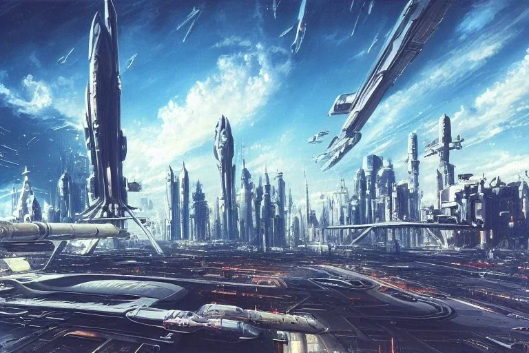 A Spaceship is taking off from a buzzing Space port on a heavy industrialized planet with a futuristic city in the background, retrofuturistic, art by John Berkey, buildings with glass facades, brutalist architecture, insanely detailed, vibrant, 8k uhd, cinematic atmosphere, ultra-wide angle, street level view, brush strokes, blue sky with clouds, dramatic sunset, sharp focus