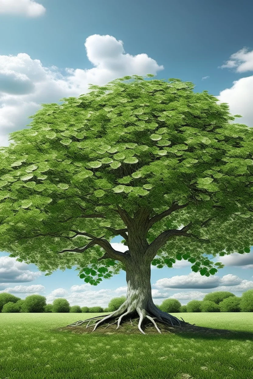 un immense arbre feuillu dont les feuilles sont remplacées par des dollars en espèce, situé en campagne sous un ciel ensoleillé avec quelques nuages blancs. Au bas de l'arbre, une famille souriante et joyeuse regarde l'arbre, tous avec les 2 bras dans les airs.