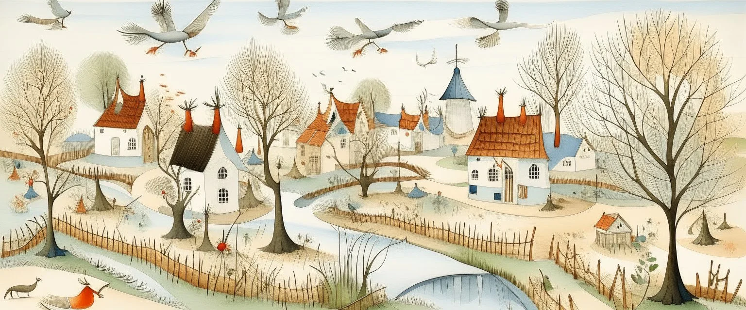 A white village with windmills and birds painted by Peter Carl Faberge