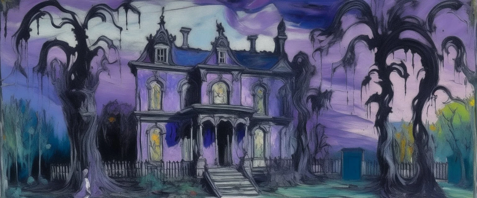 A violet haunted mansion filled with ghosts painted by Claude Monet