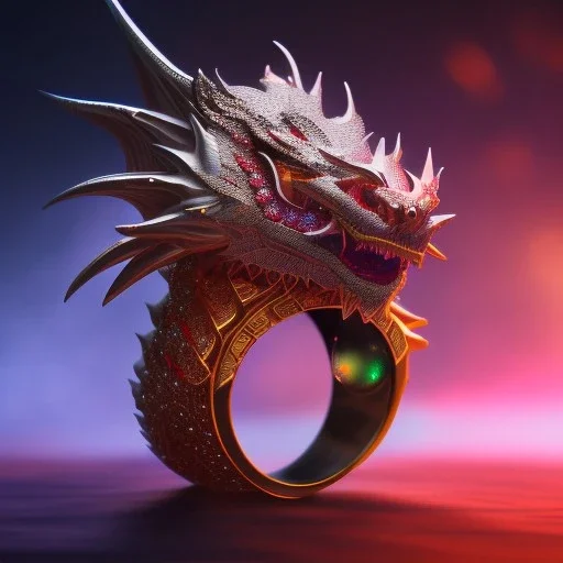 Ring dragon as diamond with red diamond eyes, sculpture, hyperphotorealistic,8k,HDR,macro lens, sharp focus, hyper detail, sparkle, unreal engine 5, neon lighting, masterpiece, hypermaximalist, intcrate detailed, elegant, hyper detailed