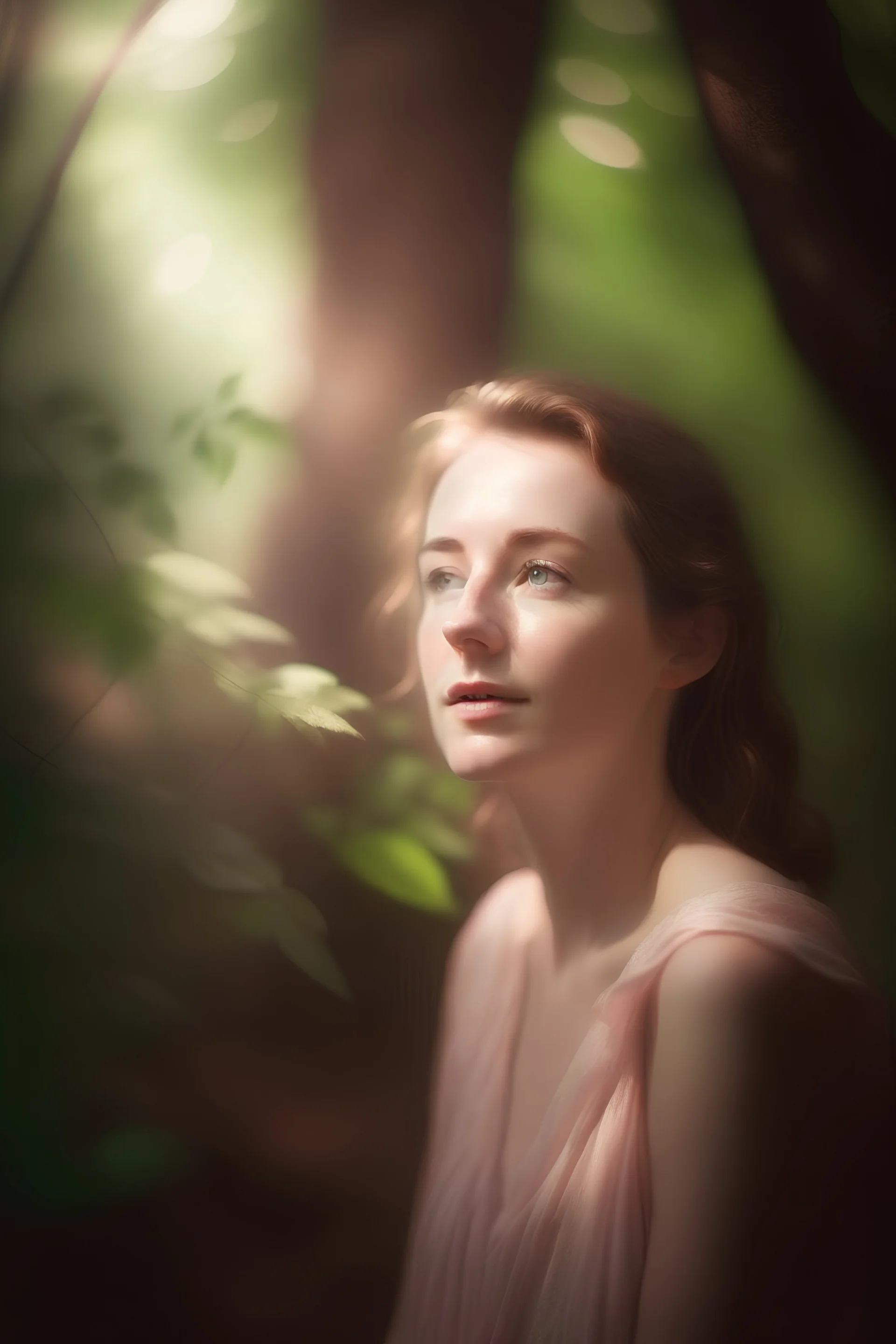 whimsical portrait of a person in a dreamy natural enviroment with soft lighting