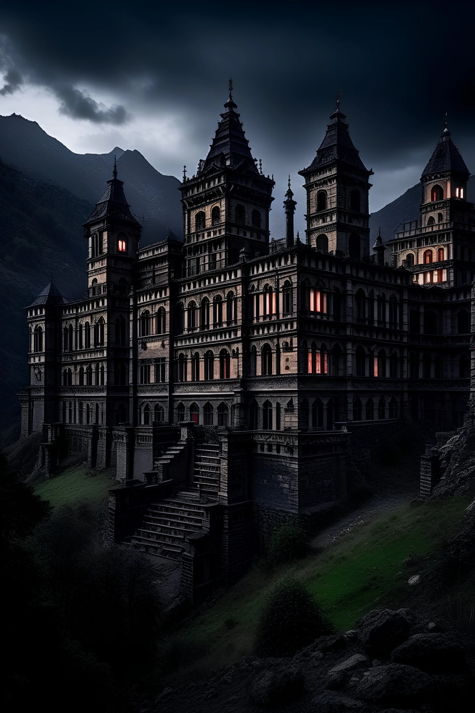 an enormous, extremely aesthetic castle on top of the great mountains in the Caucasus, midnight, pessimistic and depressing atmosphere, very rainy, baroque architecture, victorian era, late 1800s, very detailed, aesthetic, dramatic lighting