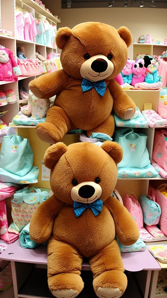 A picture of big teddy sit on middle of baby shop or baby store