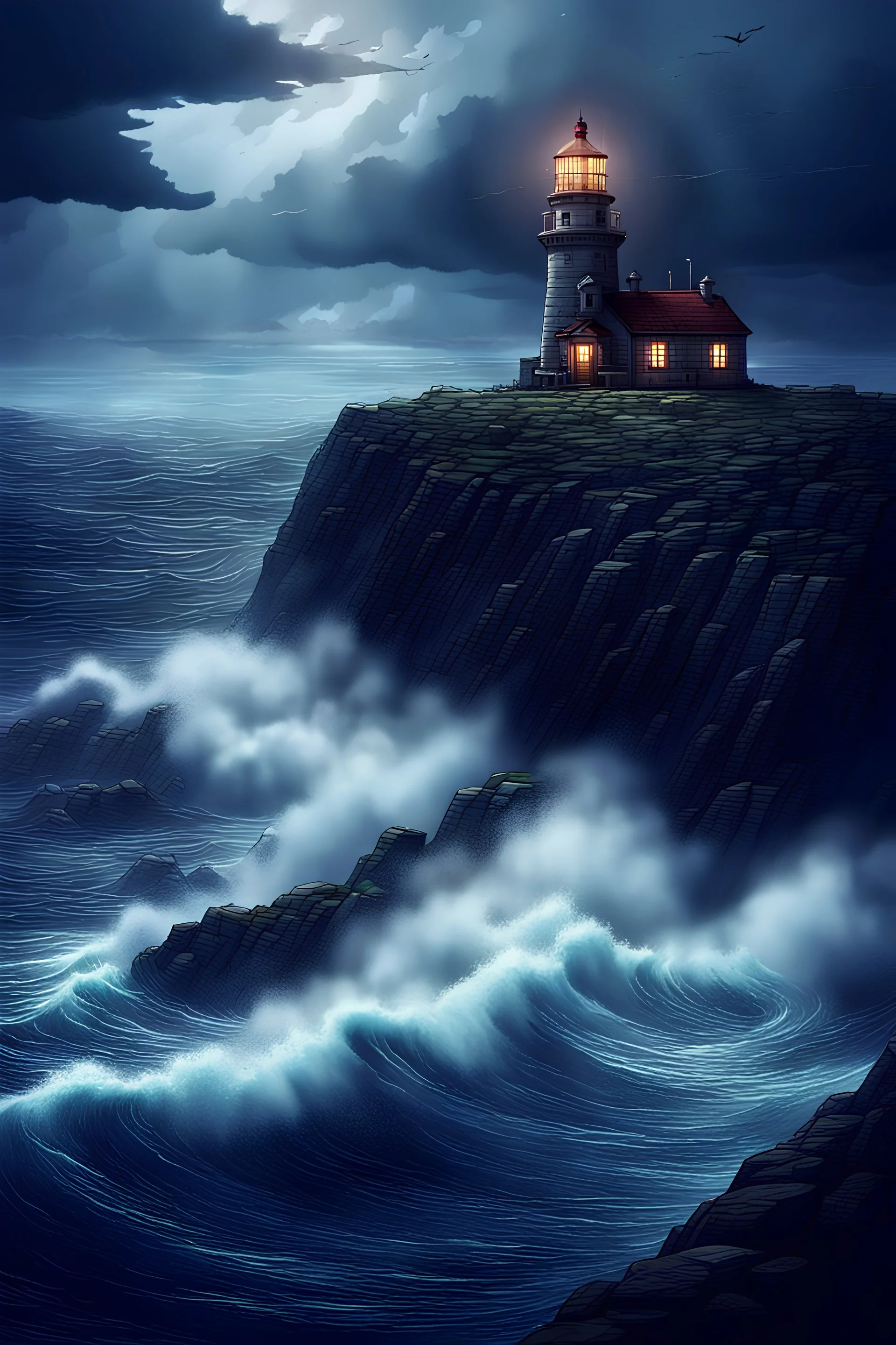 in a fantasy world a massive lighthouse in the middle of a storm. the lighthouse sits on a tiny island that has a steep cliff between it and the shore. The lighthouse is anchored by massive chains leading from the lighthouse to the shore. On the shore is the lighthouse keepers small house that is surrounded by old stone ruins