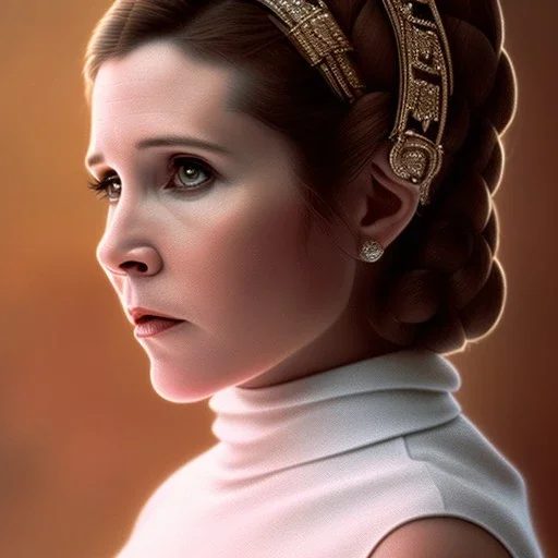 extremely detailed 8k hyperspace wallpaper,complete and photo realistic detailed head to waist stunning photo realistic portrait of carrie fisher as Princess Leia in star wars with Symmetrical, soft, fine, warm, photo realistic hair, brown eyes, professional majestic photo realistic painting by Ed Blinkey, Atey Ghailan, by Jeremy Mann, Greg Manchess, Antonio Moro, trending on ArtStation, Intricate, High Detail, Sharp focus, dramatic, by greg rutkowski,