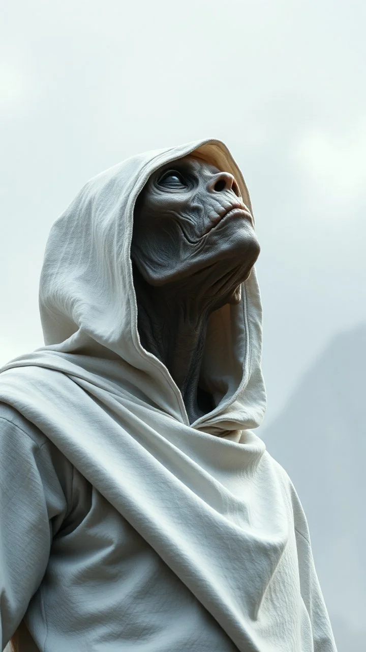 The creature from the the movie Prometheus with white hooded clothes looking to the sky