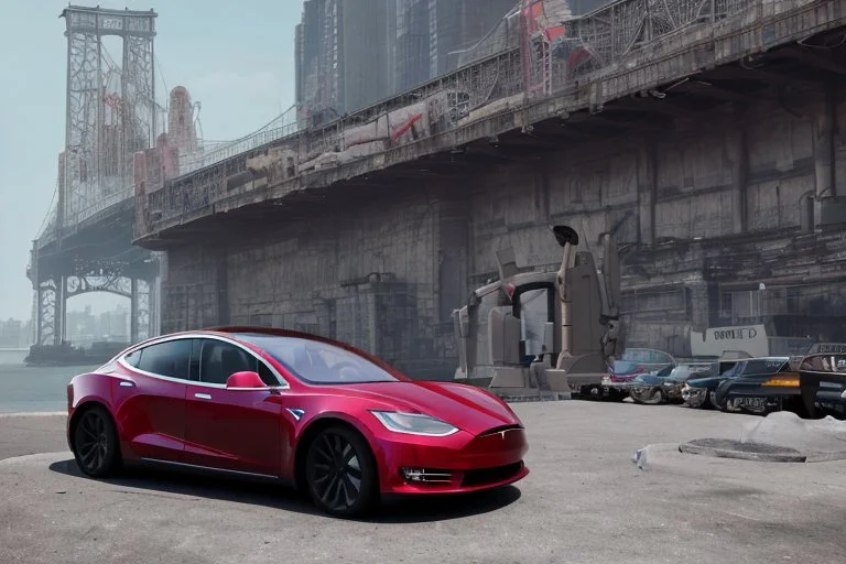 A Tesla 'Model S' is parked, near the 'Pier 11' in Manhattan. (CINEMATIC, WIDE ANGLE LENS, PHOTO REAL)