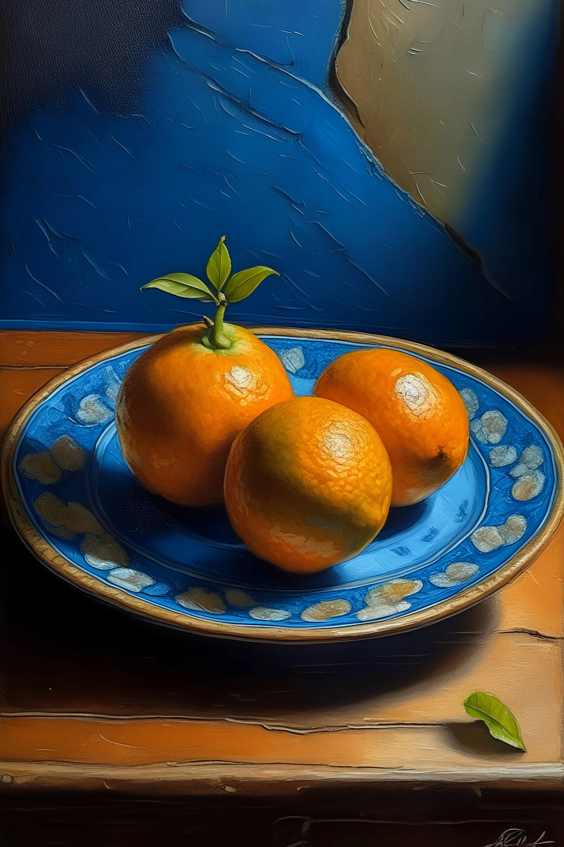 an oil painting of two oranges on a blue and white flowery ceramic plate, on a wooden rusty table