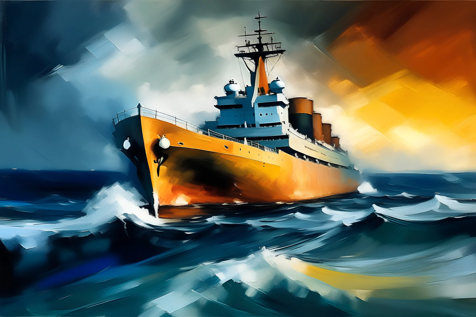 Oil painting in cezanne style of a container ship in rough weather digital art