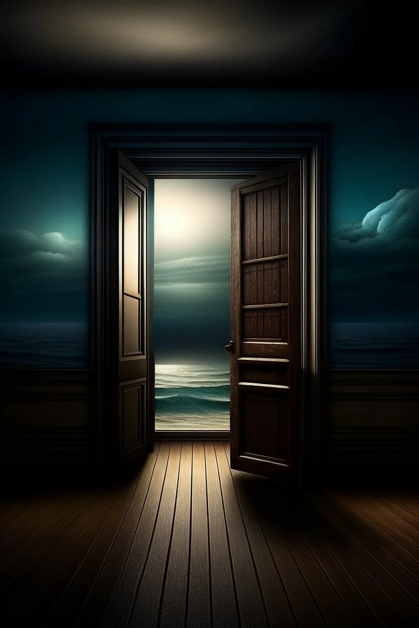 80. there is an open door in a dark room and behind the door there is a beautiful sea, the sun, realistic