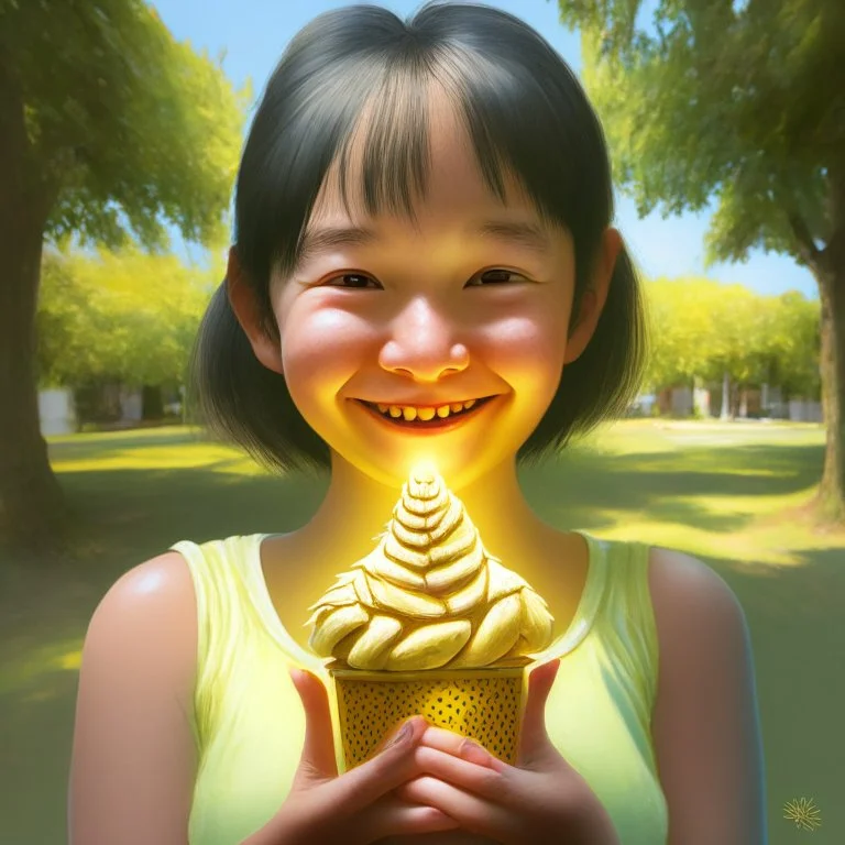 bust of chinese girl hobbit, smiling, happy, symmetrical eyes, soft light, durian, bananas, insects, lamp, soft light, RTX, style Léon Frédéric