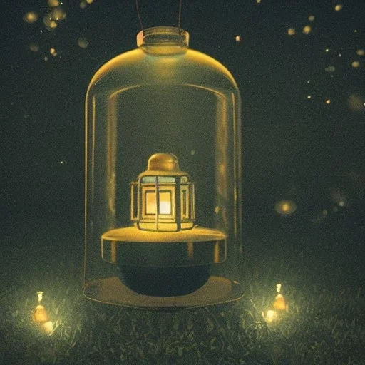 fireflies in a lantern, many ghostly lights inside a belljar, fairy lights, polaroid, symmetry, luminescent glow, moody, tender, photorealistic, octane render, golden hour