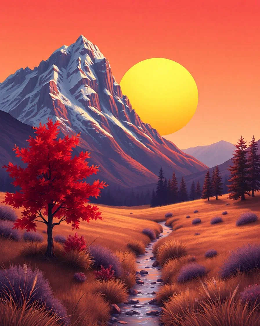 detailed digital painting of a warm, welcoming landscape with a craggily, snow-capped mountain and a large, solid yellow sun lowering on the horizon. In the foreground is a single, red maple tree with shrubs and dried grass. There is a small stream running through the center of the painting and the color palettes is in warm reds, purples, oranges, and yellows.