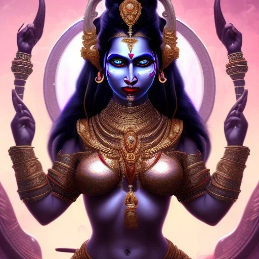 Goddess Kali in action, pitch black complexion, beautiful, svelte, stunning, chiseled face, fierce, unreal-5 engine volumetric lighting, intricate details, realistic style