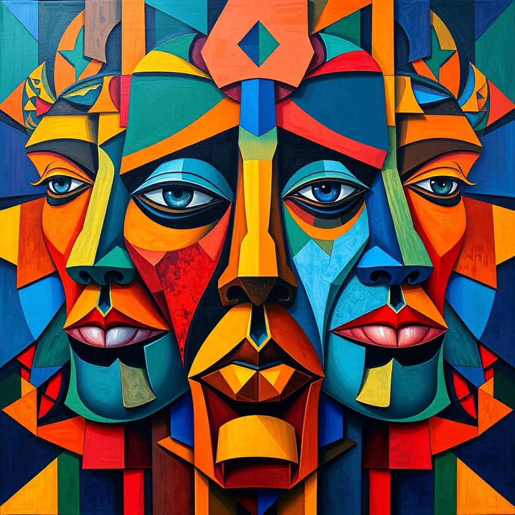 A monumental large-scale oil painting featuring intricate stylized faces seamlessly interwoven with geometric shapes. Vibrant, saturated colors – deep blues, warm oranges, bright yellows, reds, and greens – cover the entire canvas edge-to-edge with no borders. The composition is immersive and dynamic, with overlapping planes and deconstructed features creating a cubist-inspired mosaic. Thick layered brushstrokes, rich textures, and an expansive gallery feel draw the viewer into the artwork. --v