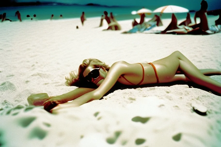 Mujer tomando el sol en una playa de Italia. fotografía real. fotografía con cámara Leica y objetivo de 35 mm