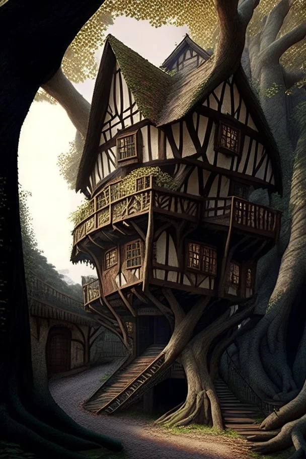 large medieval wooden treehouse, with a balcony, and a cobbled road going through the middle, in a wood, photo-realistic