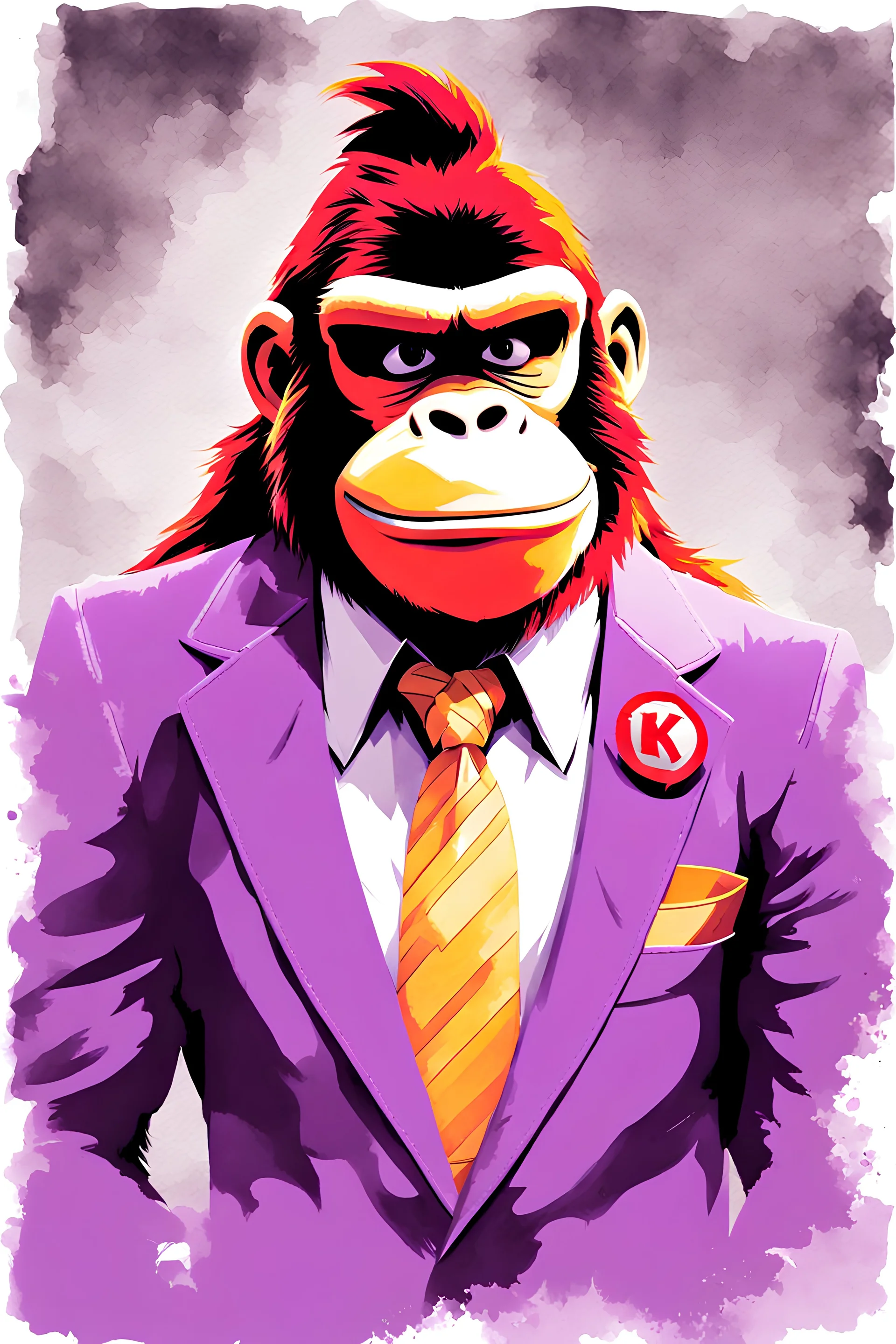 Masterpiece painting, Donkey Kong from Nintendo with his DK tie, watercolor style, Professional Quality watercolor painting, Only Two Colors Purple And White, duotone only.