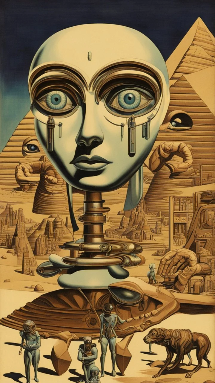 **1939 samuel bennett 'an eye for an eye' egyptian art, in the style of cybernetic sci-fi, focus on joints/connections, pulp comics, realist detail, medicalcore, miniaturecore, mid-century illustration --ar 9:11 --v 5. 2**