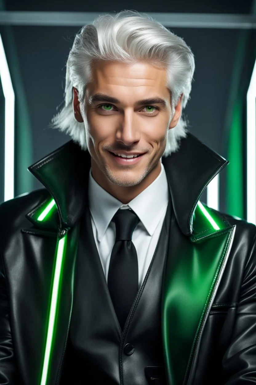 plauge doctor in balck leather coat and suit with silver hair, pale skin and bright green eyes smiling with sharp teeth, nice young face, male, viscious smile