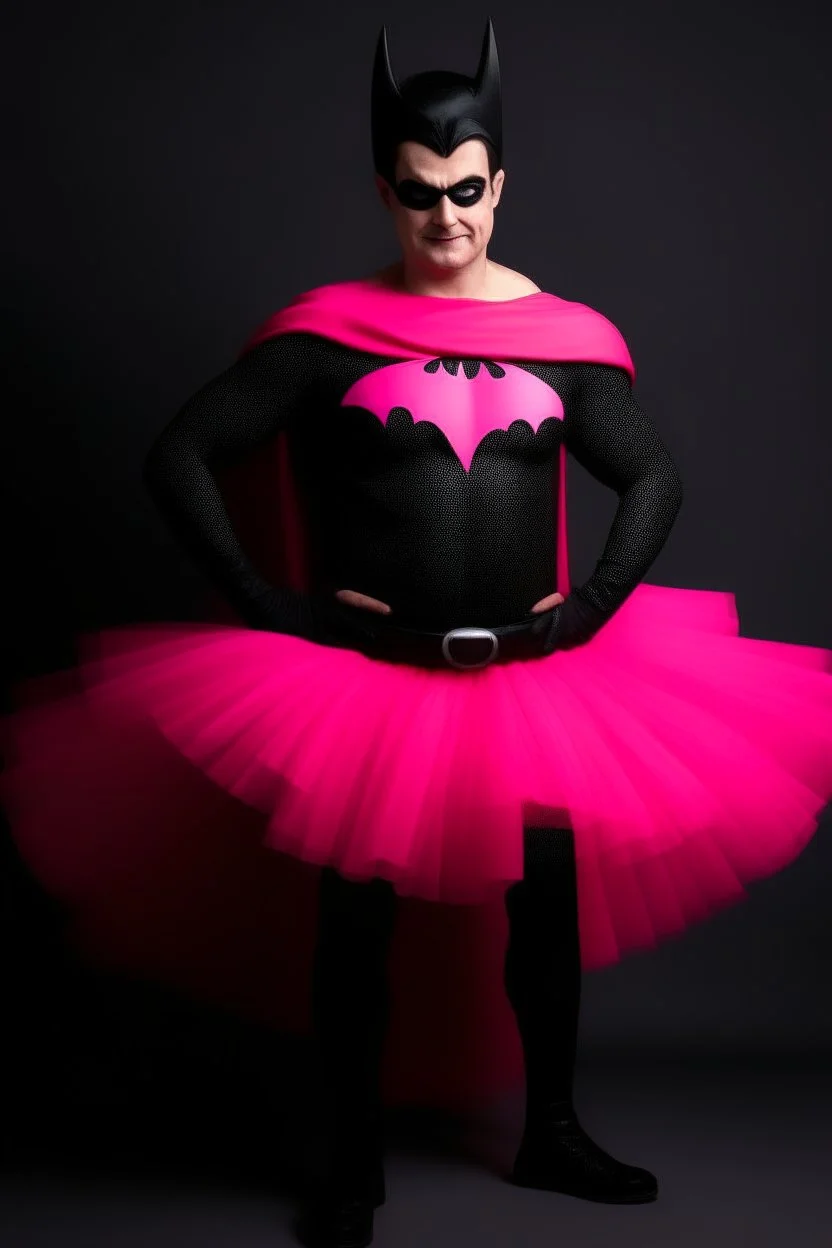 batman adult wearing a bright pink tutu