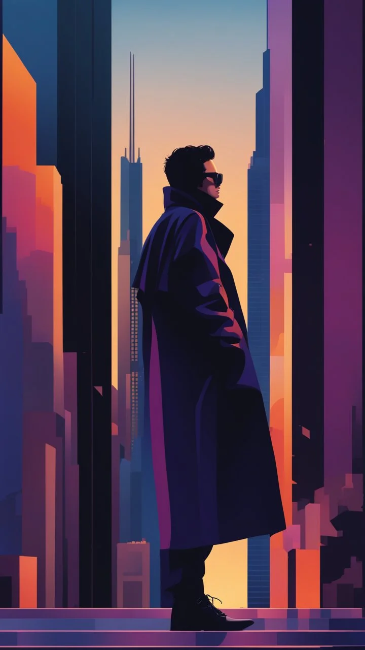 A stylized digital artwork featuring a lone figure in a dark, oversized coat and sunglasses, standing against a backdrop of abstract skyscrapers. The figure is portrayed in three vertical sections, showcasing different perspectives. The color palette includes deep blues and purples, with hints of orange in the sky, creating a futuristic, urban atmosphere. The overall composition emphasizes the figure’s striking silhouette among the geometric shapes of the cityscape