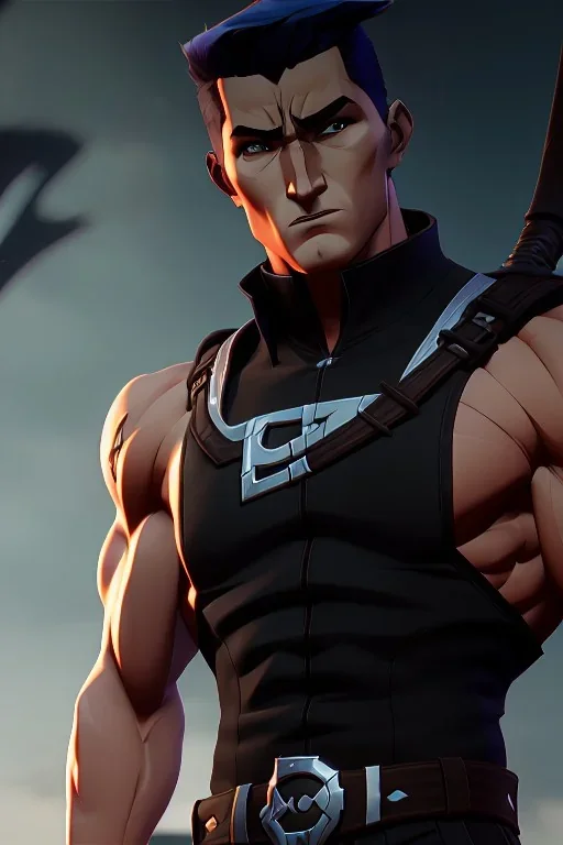 j.scott campbell, muscular ninja assassin, full head to toe portrait, athletic build, wearing black and red baggy pants with pockets, big boots, two swords crossed behind back, dark hazel eyes, eyes are both in proportion and green, 3/4 look, 5 o'clock shadow, short brown hair, large arms and hands, standing, dark cobblestone alley, one halo white light behind head, non photorealistic rendering