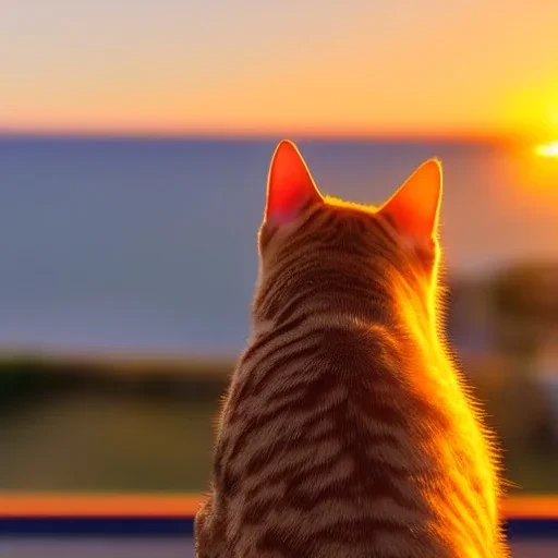 cat watching sun set with a drink