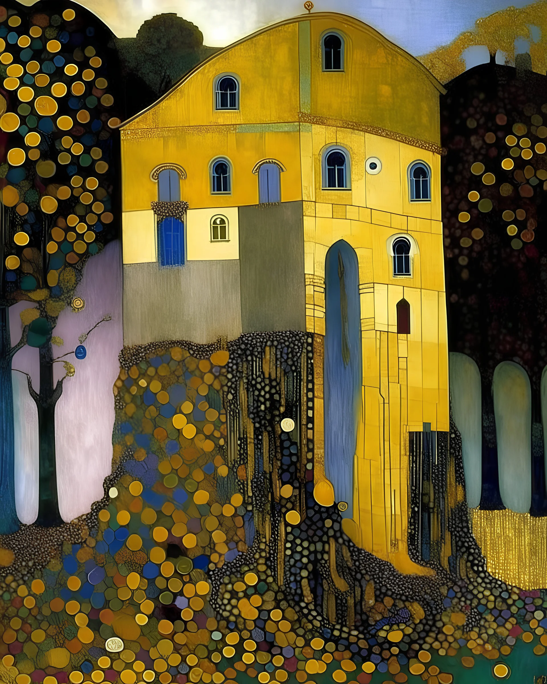 A haunted violet castle painted by Gustav Klimt