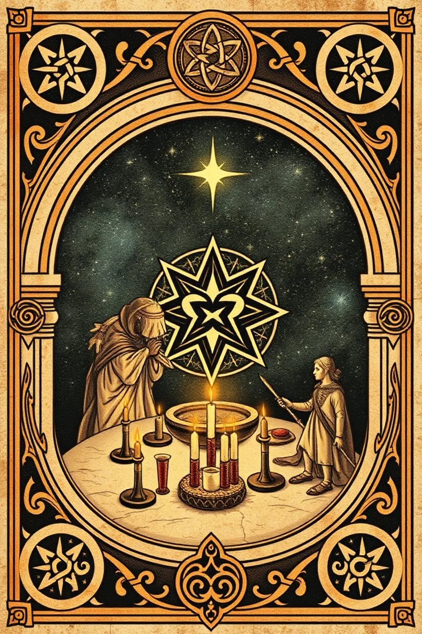a myrriad and a star golem feast framed with spiral keys and celtic symbols