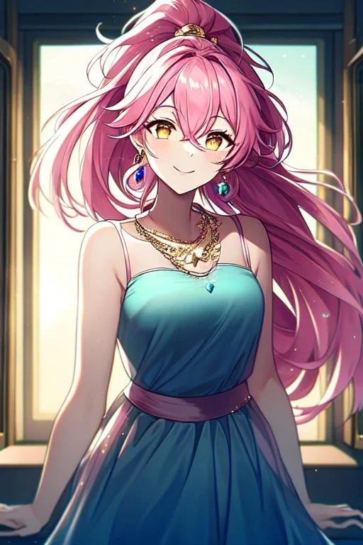 girl, masterpiece, best quality, cinematic lighting, detailed outfit, vibrant colors, perfect eyes, pink hair, long hair, golden eyes, ponytail, messy hair, dress, sparkle, necklace, earrings, hair between eyes, looking up, smiling, indoors, light rays,