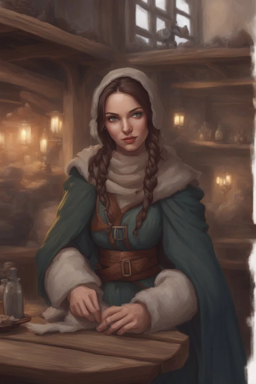 DnD style, medieval beautiful woman dressed in warm winter clothes sitting in a tavern