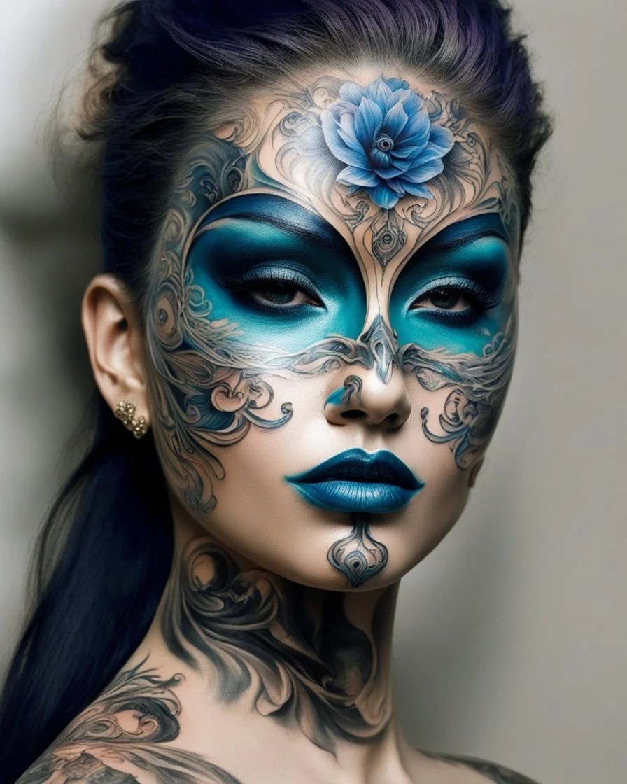 full of tattoos art face beauty colors makeup,beautiful vanice opera mask tattoos painting full of art