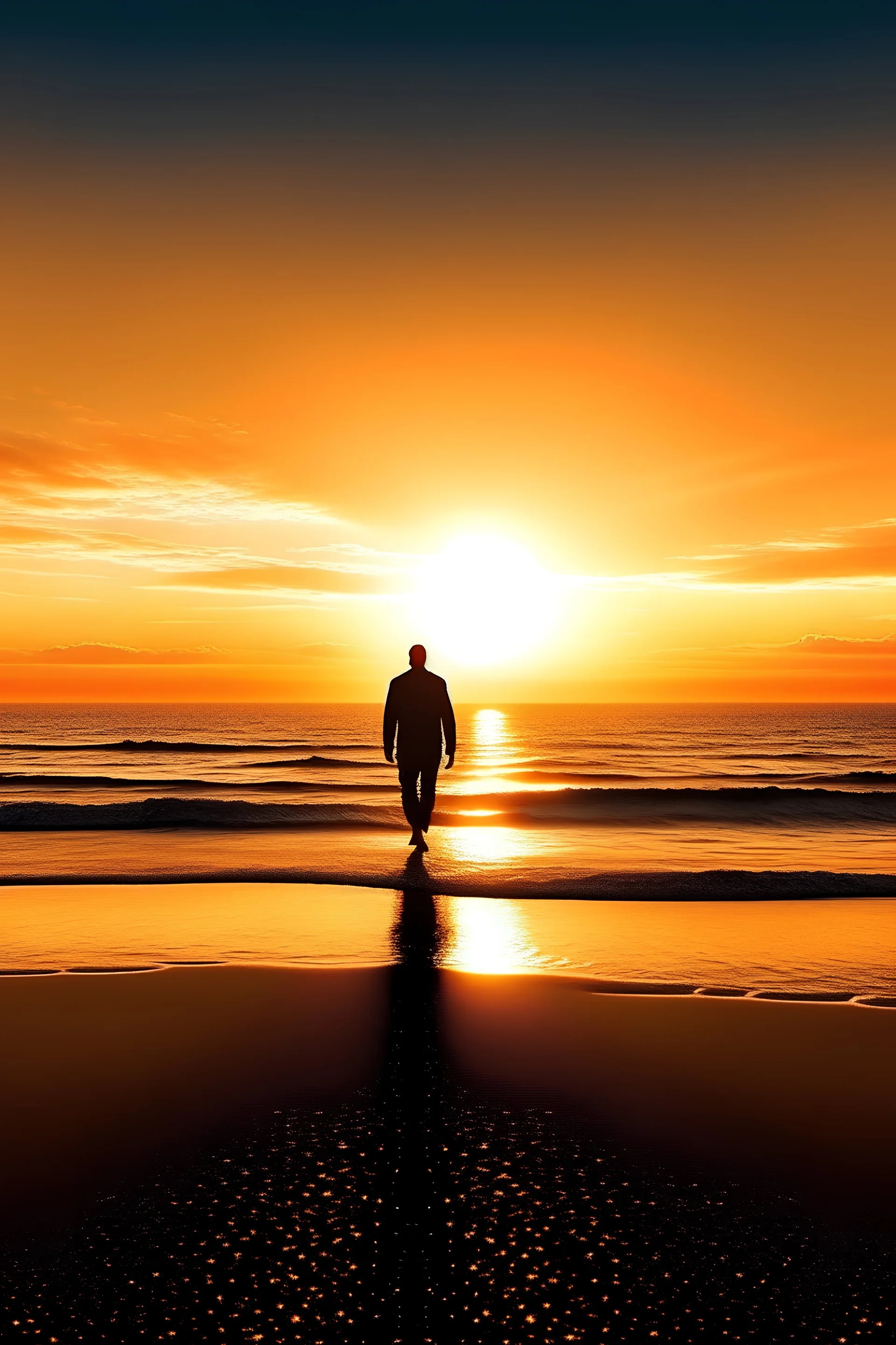 Create an image of a sunrise over the sea and a man walking