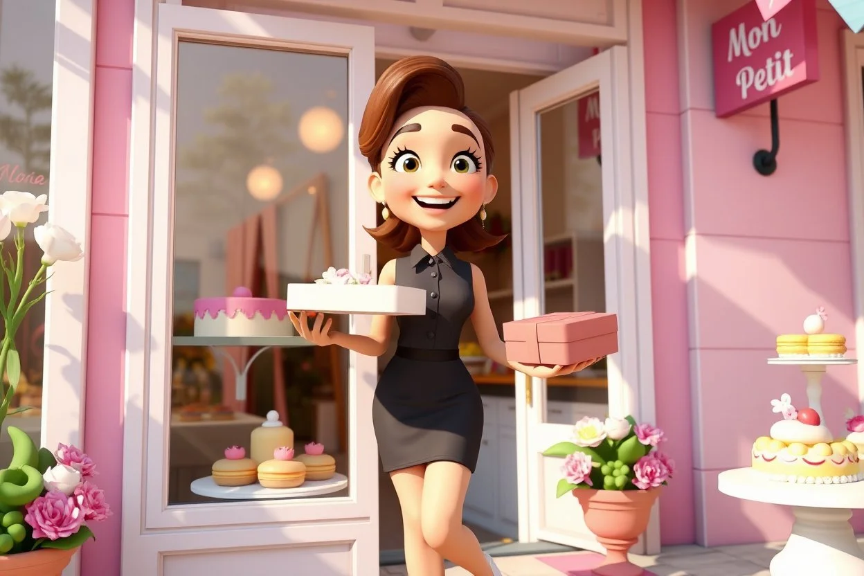 sign "Mon Petit" 3D video game character elegant young woman enthusiastically and cheerfully comes out of a dessert store, cake box in her hand, in the window cakes, cookies, macarons and flowers in sunshine