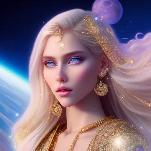  full body white goddess woman glitter smiling long blond hair blue eyes in a galactic ambiance, delicate colors in the foreground, full of details, smooth, light effect，vaporwave colorful, smooth, extremely sharp detail, finely tuned detail, ultra high definition, 8 k, ultra sharp focus