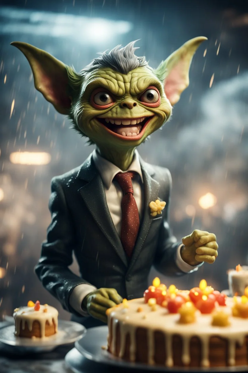 portrait of happy gremlin cake in suit flying in wind tunnel birthday party in a storm cloud, in the style of a fallout 4,bokeh like f/0.8, tilt-shift lens 8k, high detail, smooth render, down-light, unreal engine, prize winning