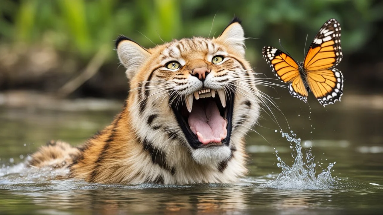 laughing big cat in water with butterfly