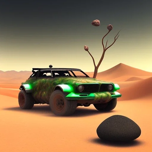 centered,scenery in desert, 6 wheels, green sky, worms, rocks