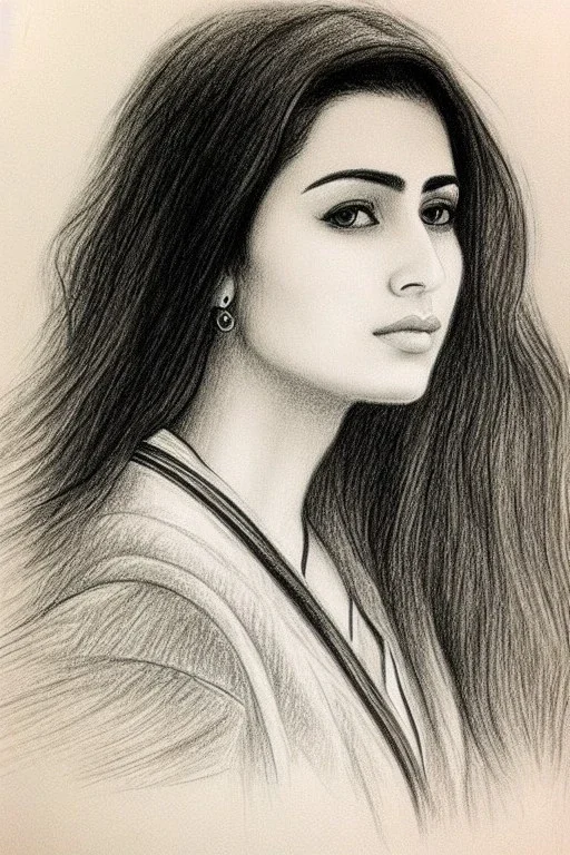 Pencil sketch of Young woman , nurse , Arab features,sad, long wavy hair, full body، on lined paper