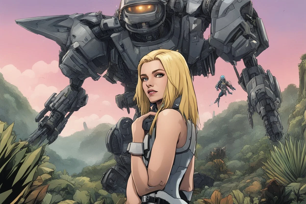 Wide-angle, full body of a woman, with straight blond hair, dressed like a robot, with equipment in her hands, next to a crashed spaceship, on an alien jungle world in the multiverse