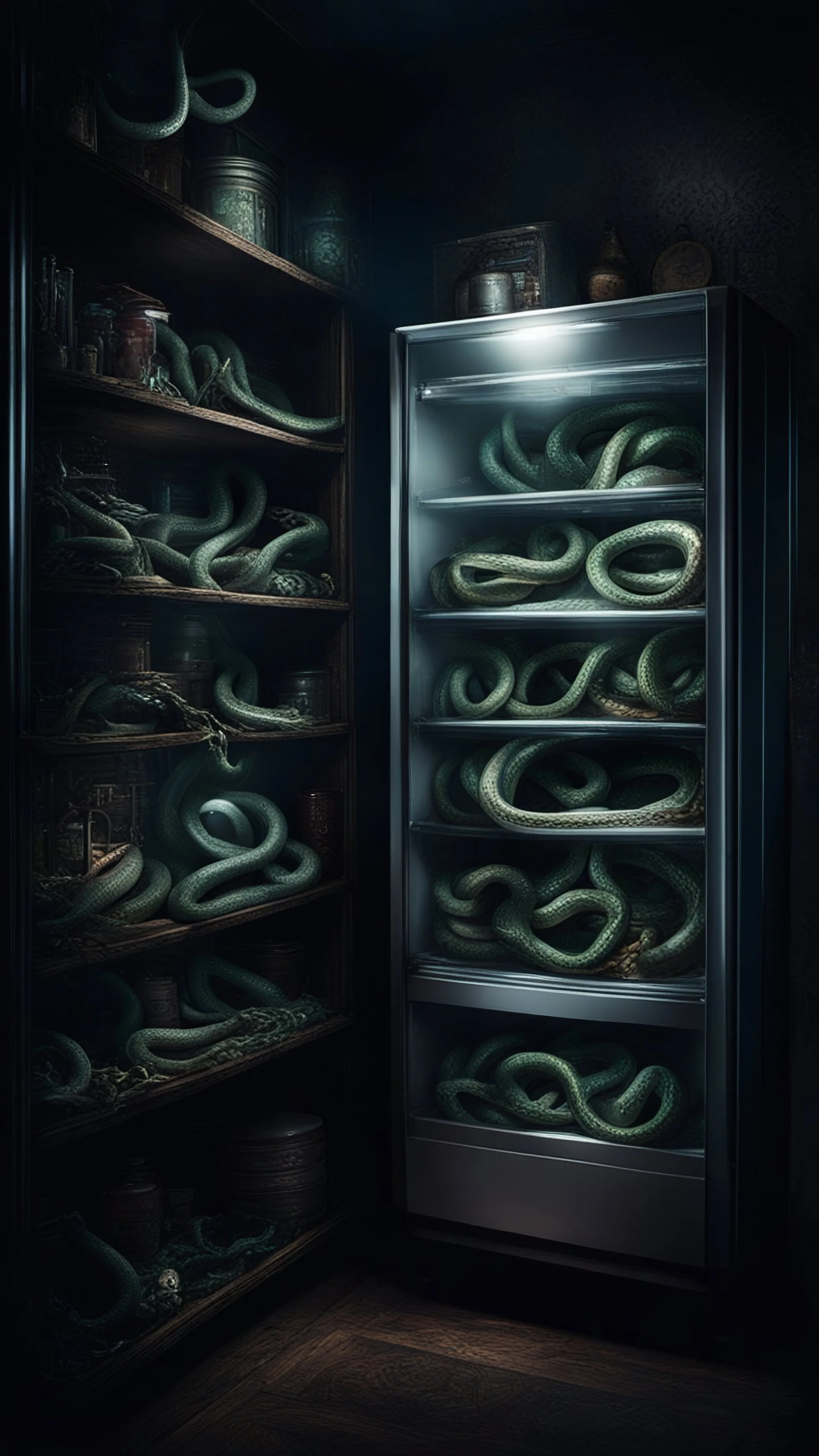 Si-Fi, The permanent under atmospheric lighting effects, a whole shelves of an open door home refrigerator filled with snakes , intricate historical moody atmosphere, eerie grimdark ambiance, complex motherboard accents, speculative fiction art. Bokeh