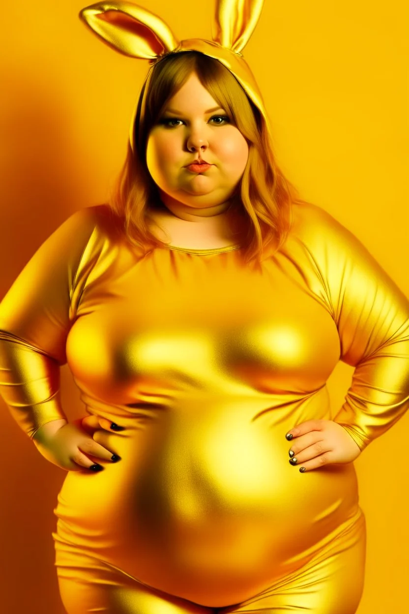 fat girl in a gold bunny costume